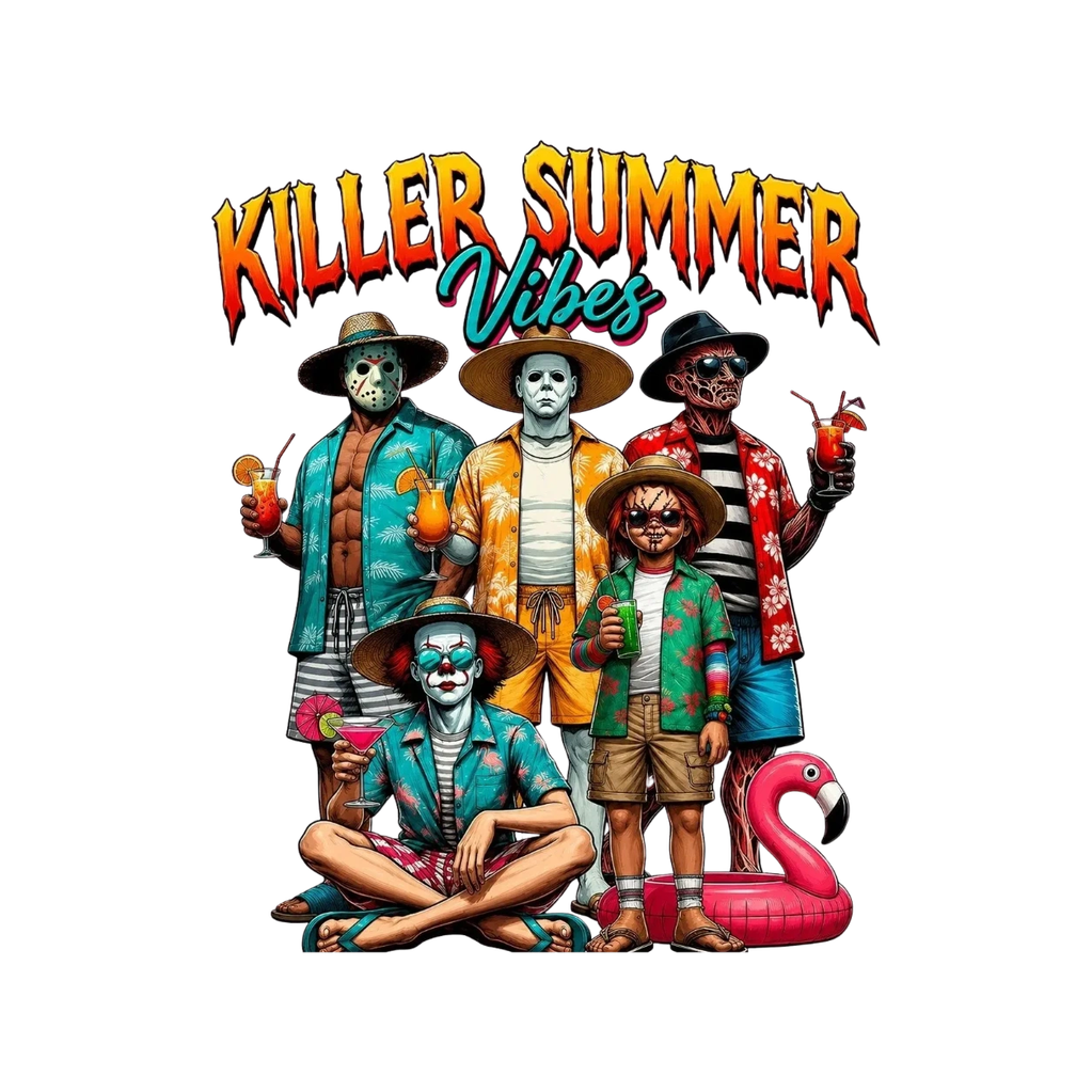Iconic horror characters enjoying tropical drinks with 'Killer Summer Vibes' text.
