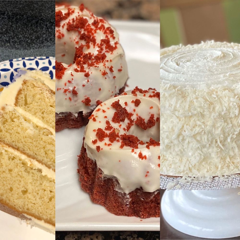 Three delicious cakes: a layered vanilla, mini red velvet bundt cakes, and a coconut frosted cake.