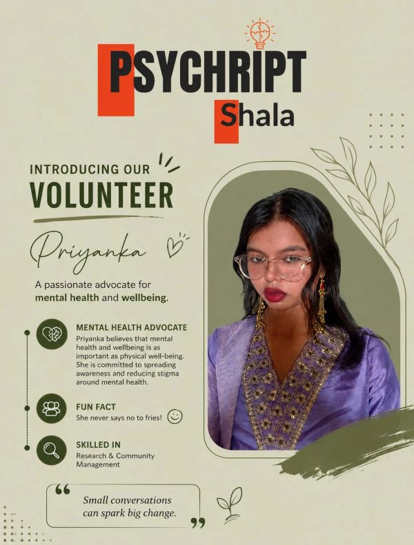 Introducing Priyanka, a dedicated mental health advocate volunteer at Psychript Shala.