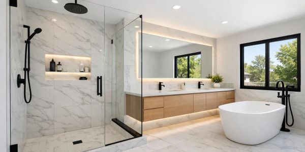 Modern bathroom with a glass shower and standalone tub.