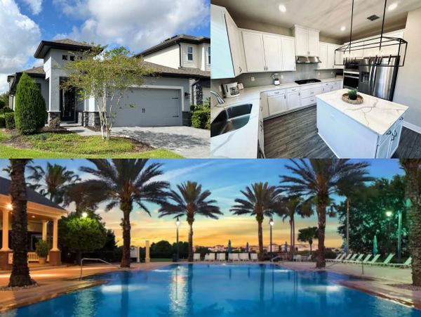 Collage showing the exterior of a modern home, a bright white kitchen with an island, and a resort-s