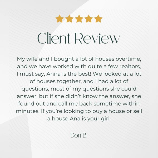 The image is a client review for a real estate service. It praises a realtor named Ana Estevez