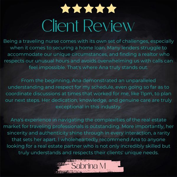 Client 5 star review from Sabrina a traveling Nurse