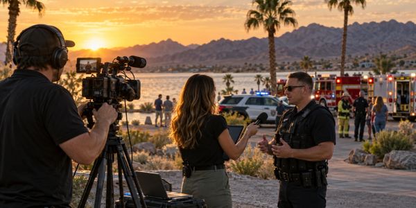 HNN camera crew interviewing a public safety officer during local emergency response coverage in Lak