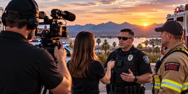 Local news crew interviewing public safety personnel during community coverage in Lake Havasu City.