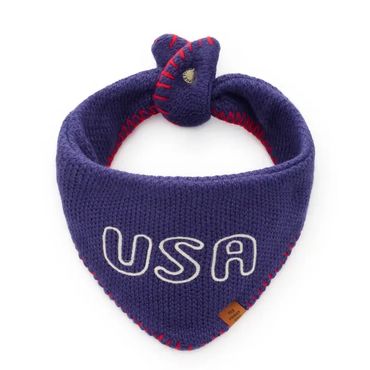 Purple knitted dog bandana with USA embroidery and red stitching.