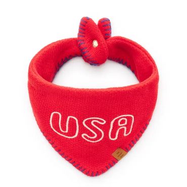 Red dog bandana with "USA" text and blue stitching.
