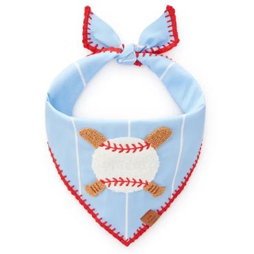 Blue baby bandana with baseball and bats design.
