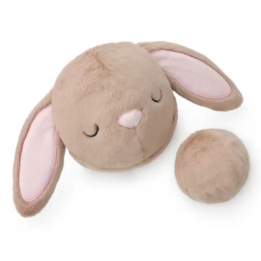Soft plush bunny head and tail toy with closed eyes.