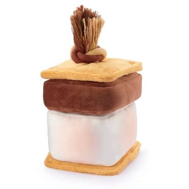 Stacked plush toy resembling a s'more with marshmallow, chocolate, and graham cracker.