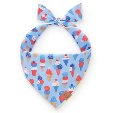 Light blue dog bandana with colorful ice cream cone pattern.