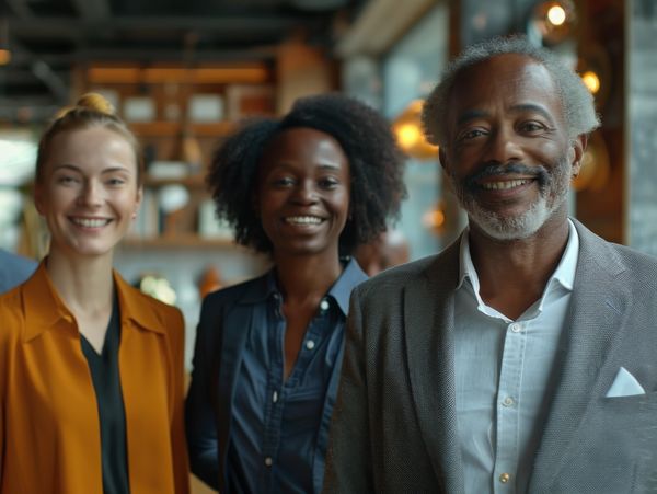 A diverse group of four professionals smiling in an office setting.
