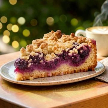 Slice of berry crumble pie on a plate.