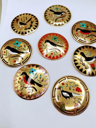 Dennis and Nancy Edaakie gold medallions with North American Birds of gemstones Turqoise Coral 
