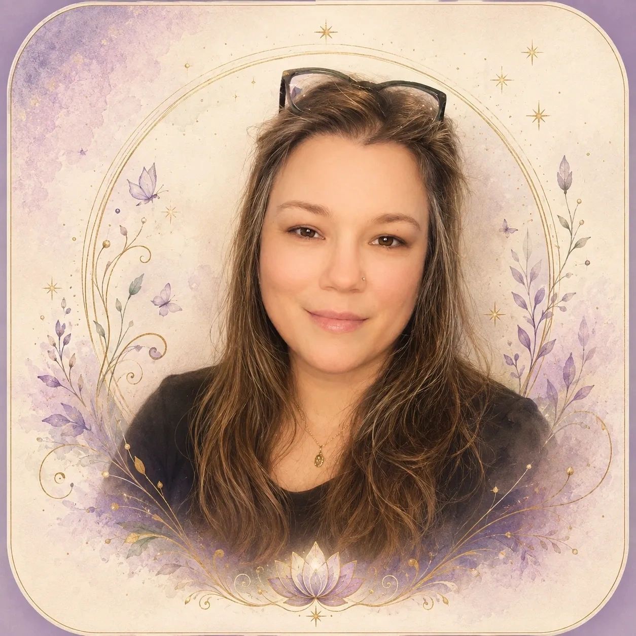 Woman with wavy hair and glasses on head, surrounded by floral and star designs.