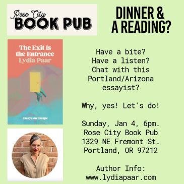 Flyer for a book reading and dinner event at Rose City Book Pub in Portland.