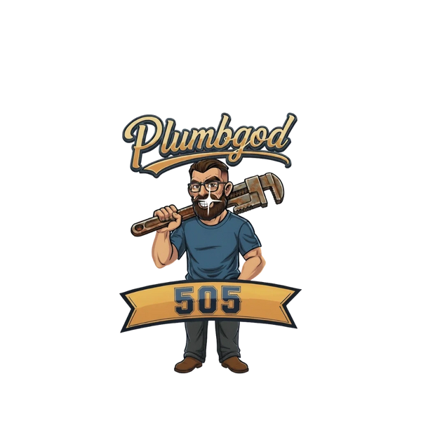 Illustration of a plumber with a wrench and text 'Plumbgod 505'.