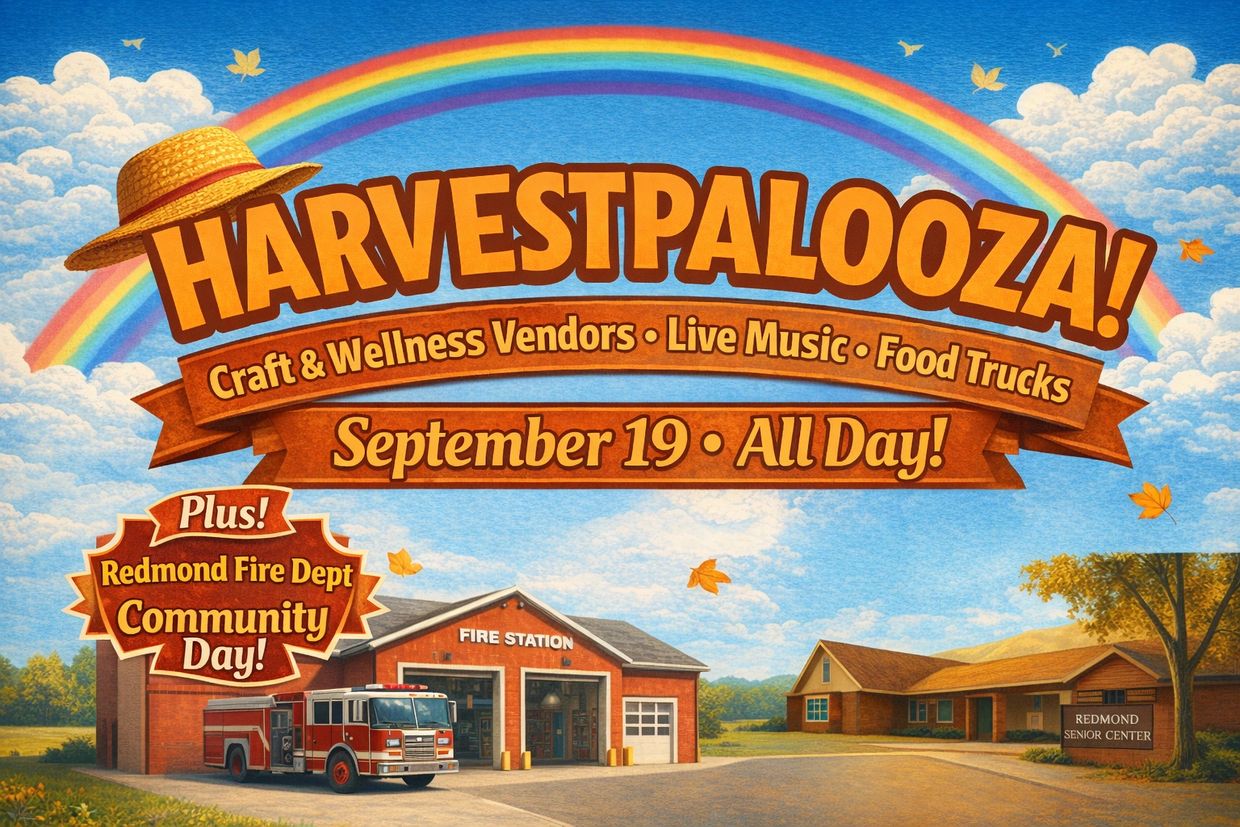 Colorful Harvestpalooza event poster with rainbow and fire station.