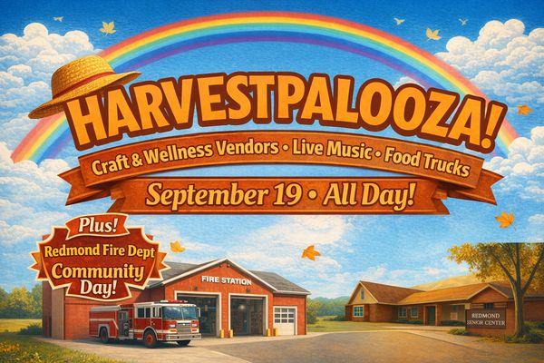 Colorful Harvestpalooza event poster with rainbow and fire station.