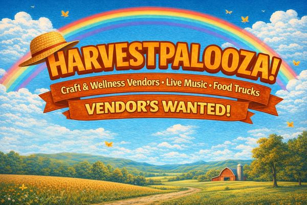 Colorful Harvestpalooza event poster with rainbow and farm scene.