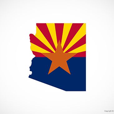 Outline of Arizona state with its flag colors and star.