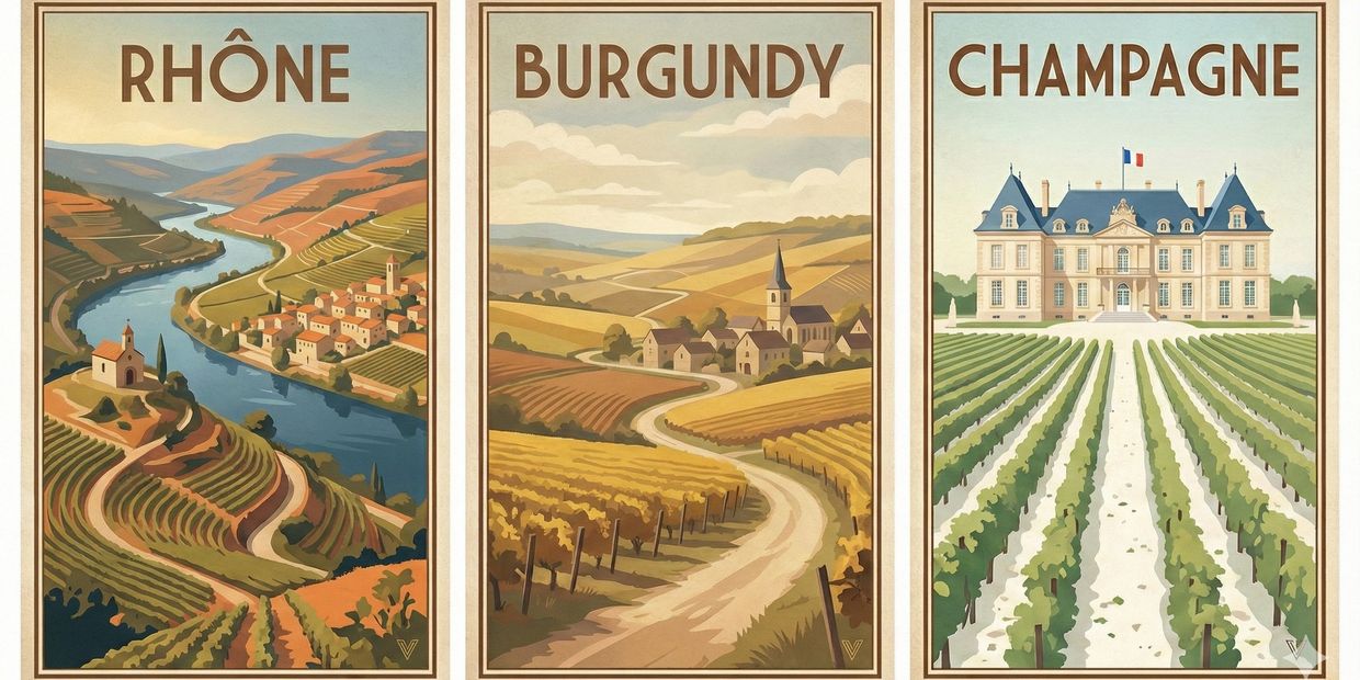 Artistic posters of Rhône, Burgundy, and Champagne wine regions in France.