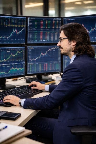Man analyzing stock market data on multiple monitors in an office.