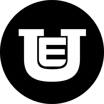 Black circle with white stylized letters U and E intertwined.