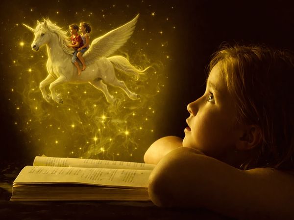 A child gazing at two children riding a flying unicorn