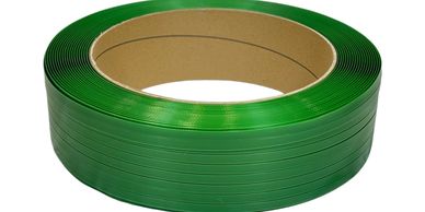 Polyester strapping roll for pallet strapping and industrial load containment