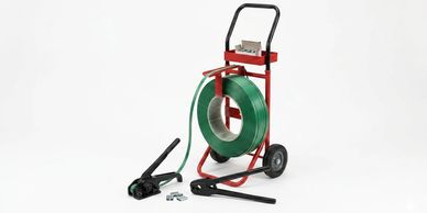 Strapping tools including tensioner, sealer, and dispenser cart for polyester and polypropylene pall