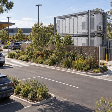 Modern parking lot with greenery and stacked containers.