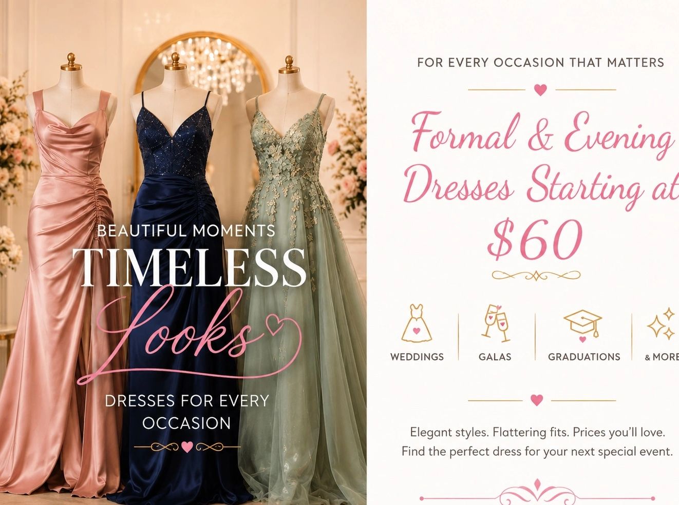 Elegant formal and evening dresses starting at $60 for special occasions.