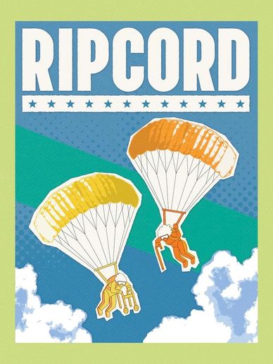Illustration of two parachutists with colorful parachutes and the word RIPCORD.