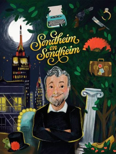 Illustrated portrait of Stephen Sondheim with themed objects and cityscape at night.