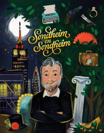 Illustrated poster of Sondheim on Sondheim with iconic symbols and a cityscape.