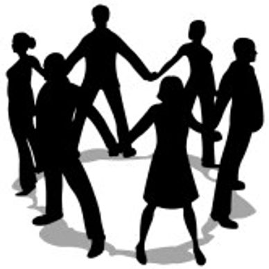Silhouetted group of six people holding hands in a circle.