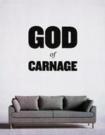 A sofa beneath wall text reading 'GOD of CARNAGE'.