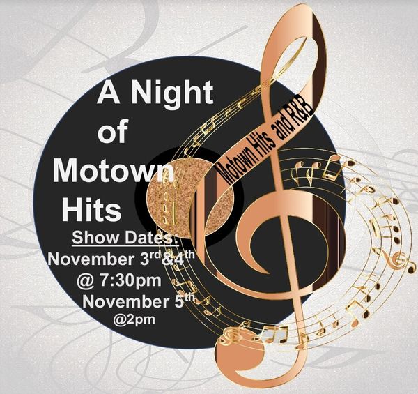 Poster for "A Night of Motown Hits" with show dates in November and musical notes.