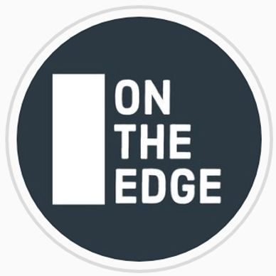 Logo with the phrase 'ON THE EDGE' inside a dark circle.