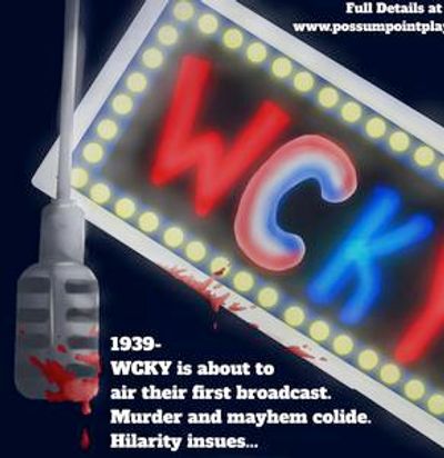A vintage radio microphone with blood and a WCKY neon sign hinting at murder and mayhem.