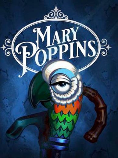 Artistic poster of Mary Poppins with a colorful bird and umbrella handle.