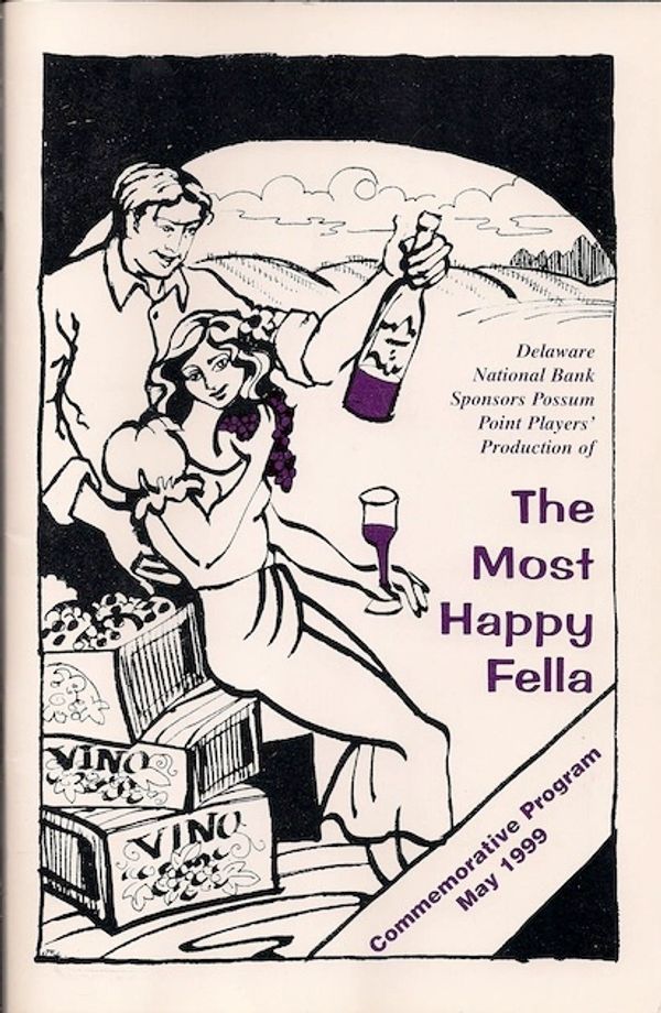 Illustration of a man and woman with wine, promoting a 1999 play.