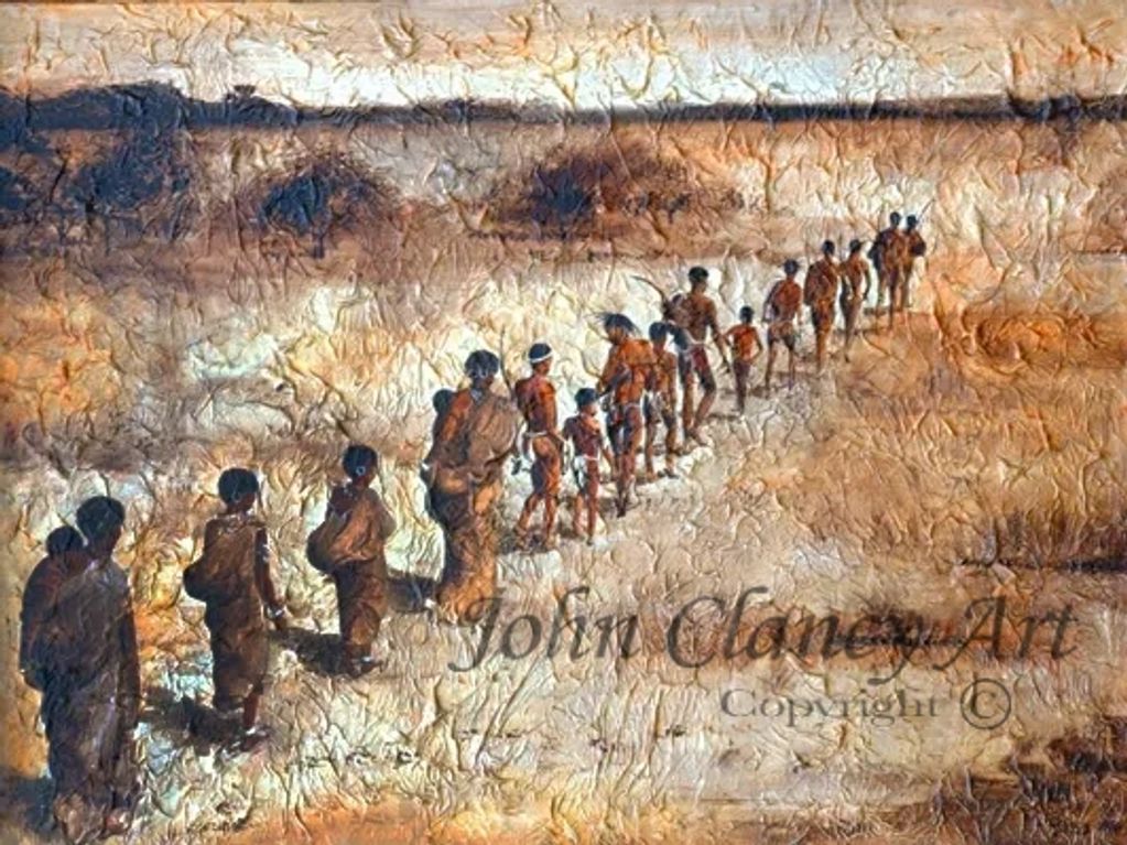 A painting of Bushmen in South Africa. Acrylic on gesso board.