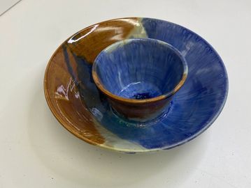 This handmade pottery chip and dip bowl would make a great Anniversary gift platter. 