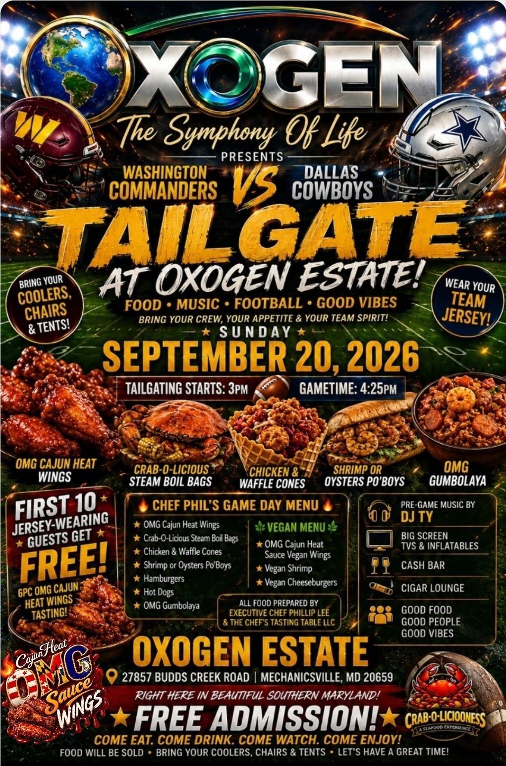 Tailgate event at Oxogen Estate featuring Washington Commanders vs Dallas Cowboys on September 20, 2026.