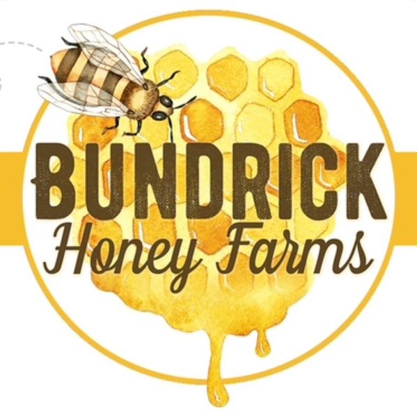Logo for Bundrick Honey Farms with bee and honeycomb design.