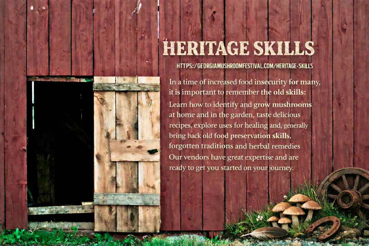 Wooden barn wall with heritage skills text and mushrooms at the bottom right.