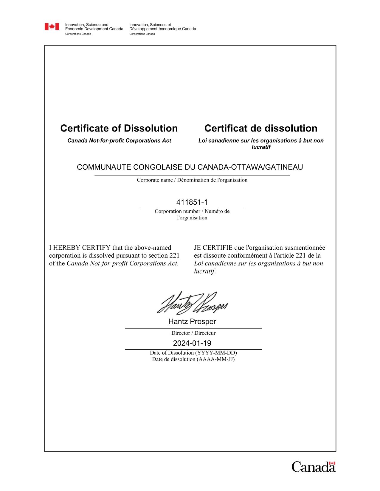 Certificat de dissolution de la CCC-OG