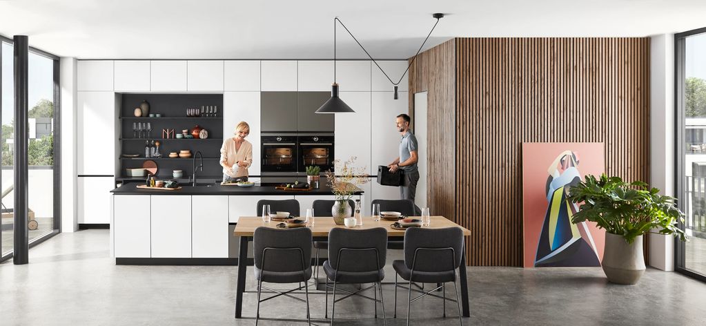 Nobilia Line-n handleless Artis Alpine White glass and StoneArt grey slate kitchen